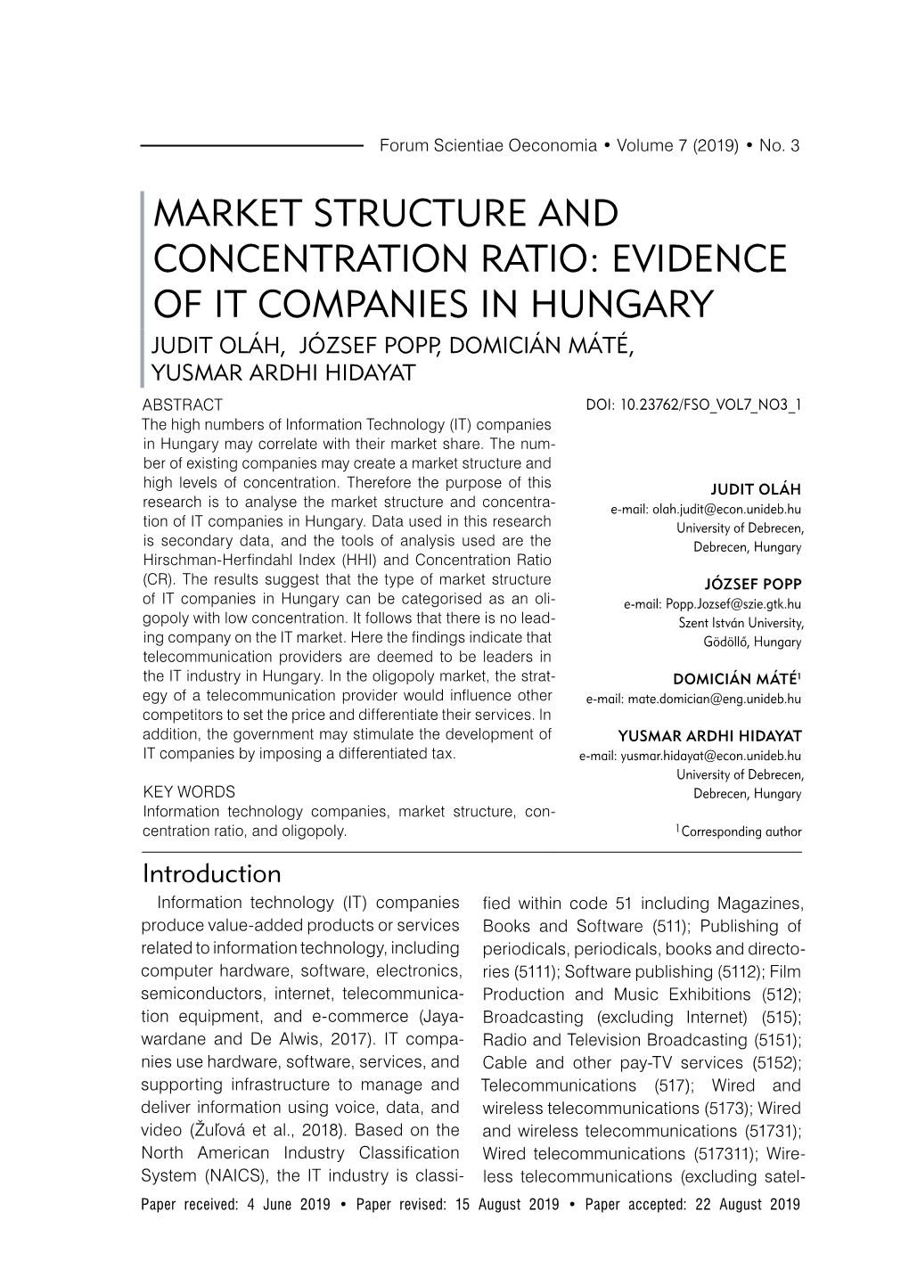 Market Structure and Concentration Ratio: Evidence of It Companies in Hungary