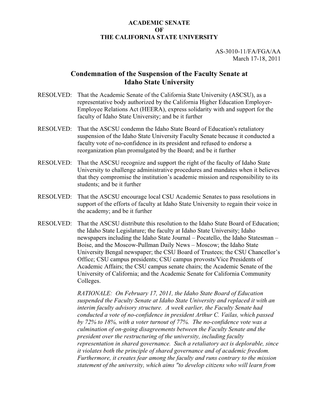 AS-3010-11/FA/FGA/AA Condemnation of the Suspension Of