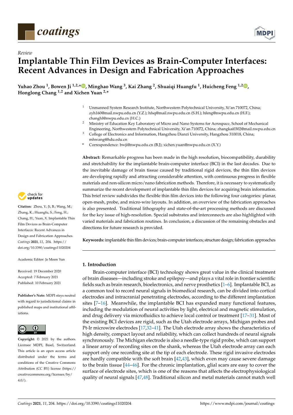 Implantable Thin Film Devices As Brain-Computer Interfaces: Recent Advances in Design and Fabrication Approaches