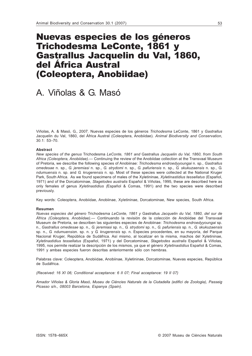 Nuevas Especies De Los Géneros Trichodesma Leconte, 1861 Y Gastrallus Jacquelin Du Val, 1860, Del África Austral (Coleoptera, Anobiidae) A