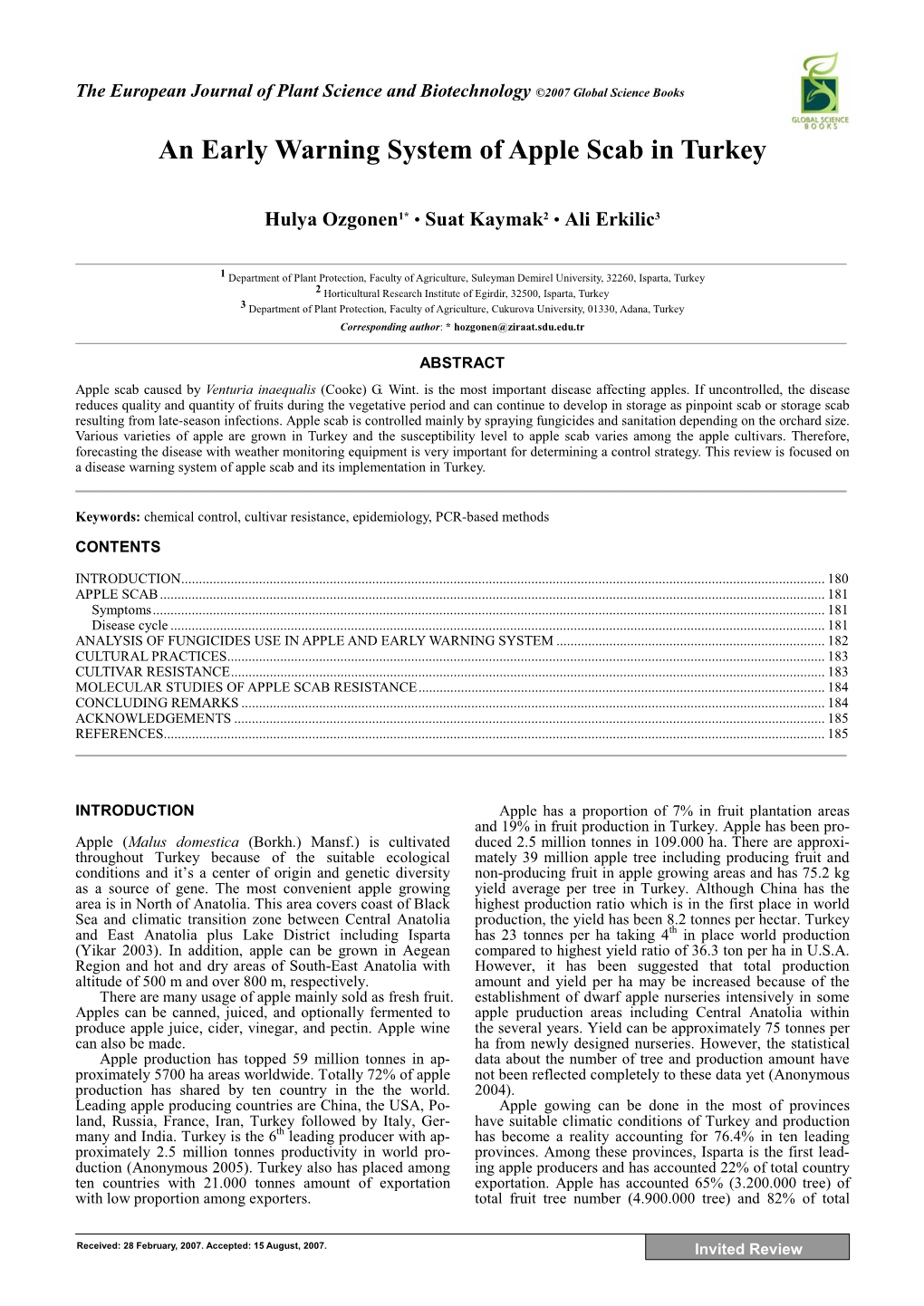 An Early Warning System of Apple Scab in Turkey