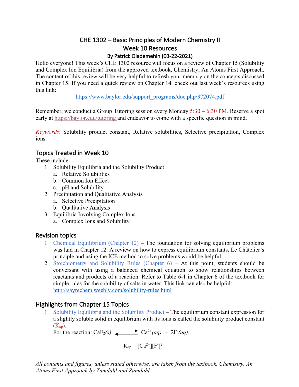 Basic Principles of Modern Chemistry II Week 10 Resources