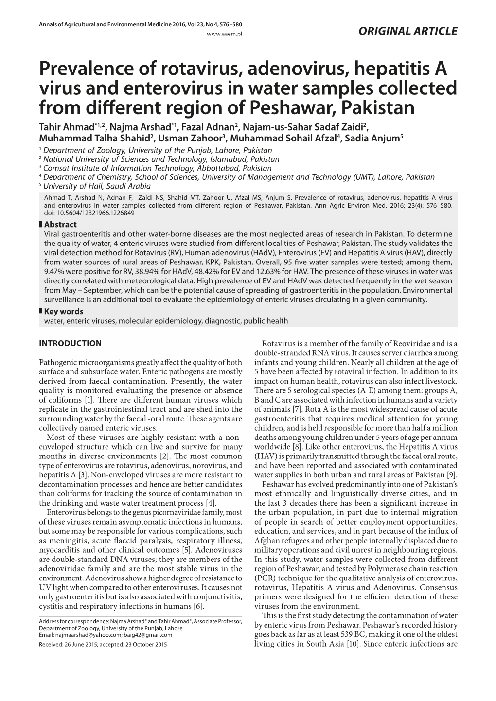 Prevalence of Rotavirus, Adenovirus, Hepatitis a Virus and Enterovirus in Water Samples Collected from Different Region of Peshawar, Pakistan