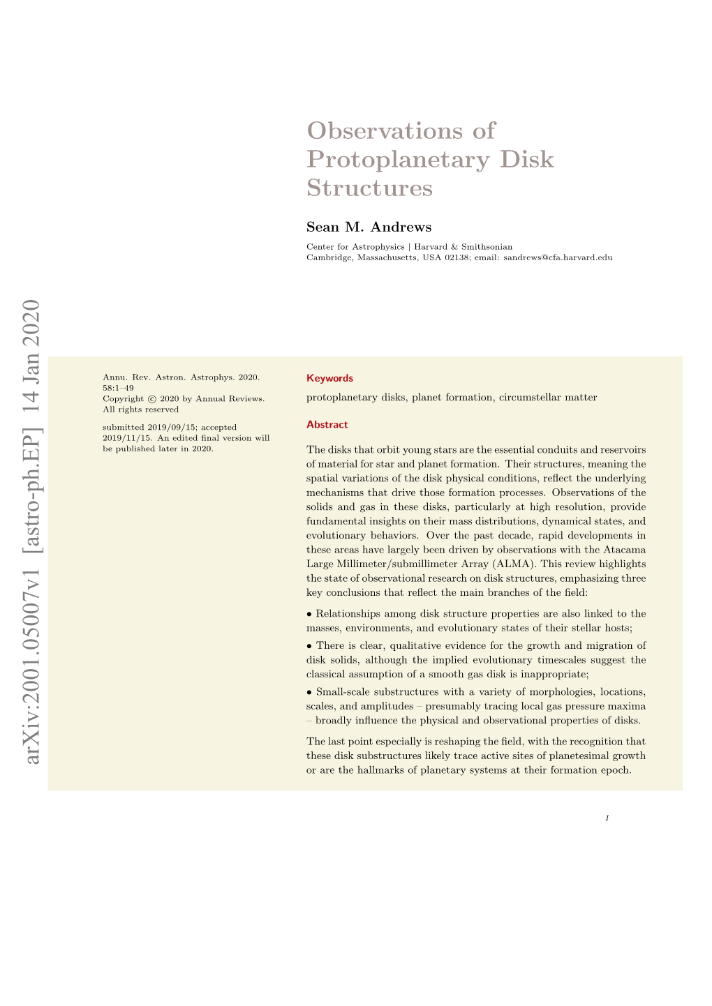 Observations of Protoplanetary Disk Structures Arxiv:2001.05007V1