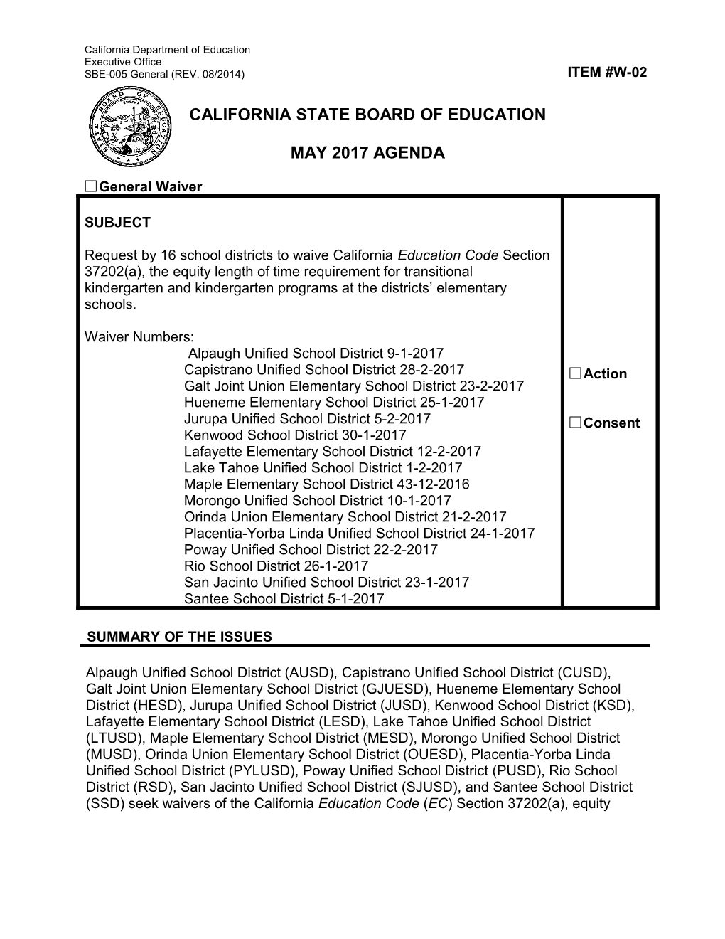 May 2017 Agenda Item W-02 - Meeting Agendas (CA State Board of Education)