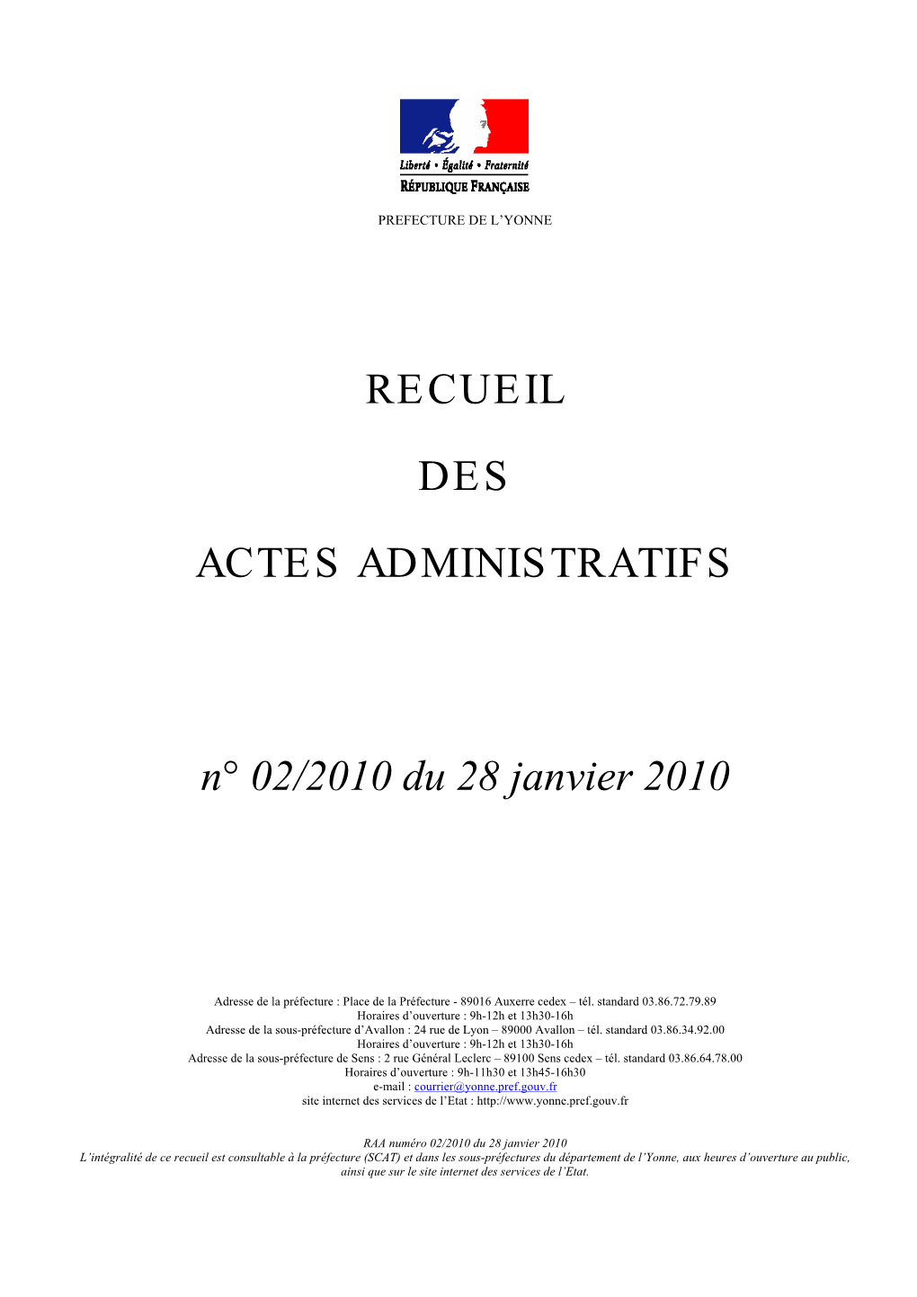 Recueil Des Actes Administratifs N° 02/2010 Du 28 Janvier 2010