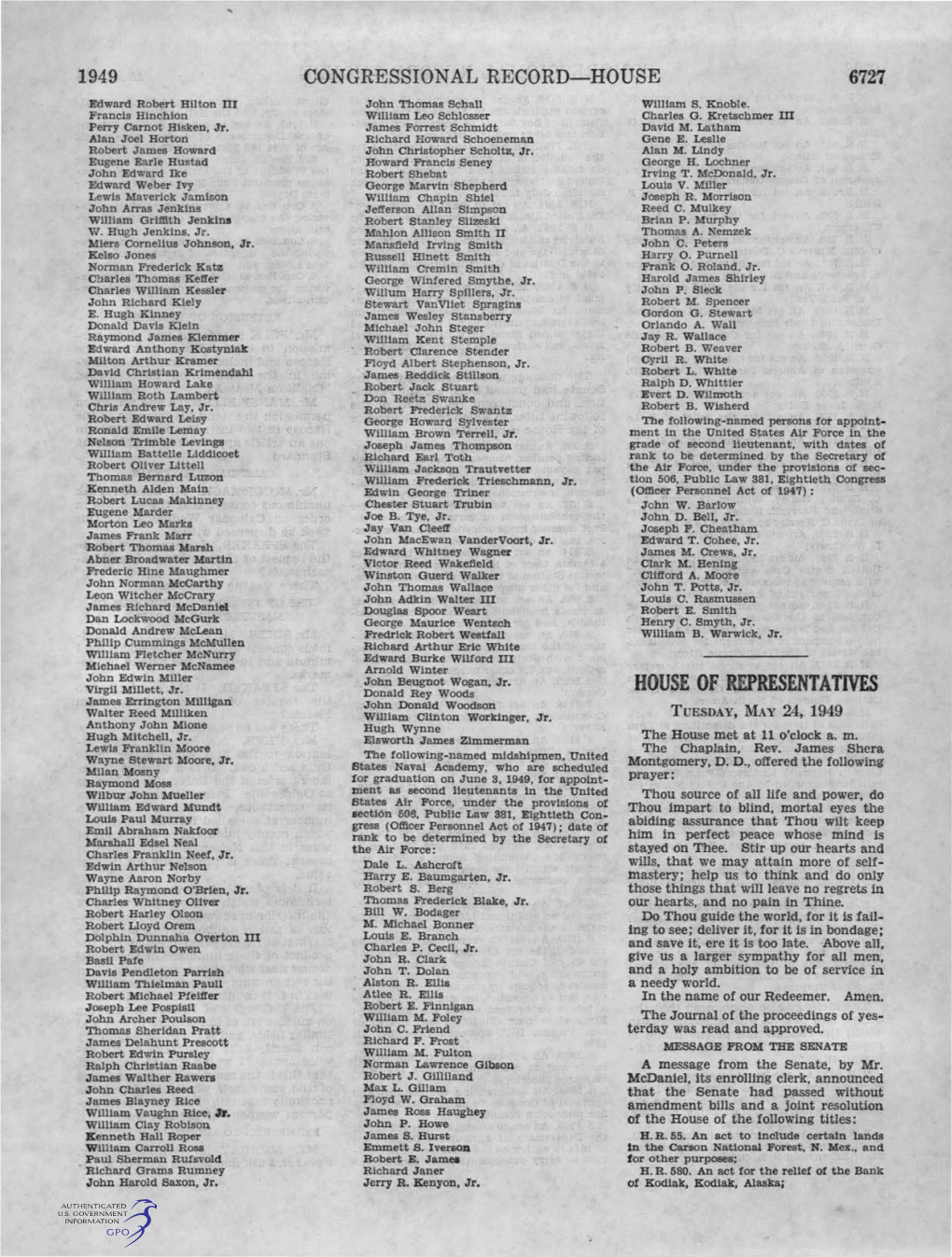 HOUSE of REPRESENTATIVES James Errington Milligan John Donald Woodson Walter Reed Milliken William Clinton Workinger, Jr