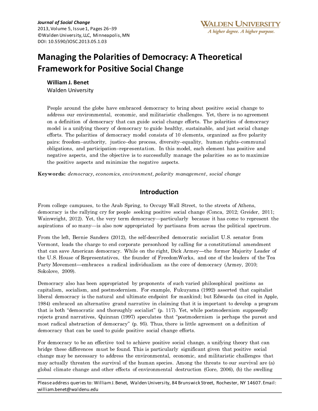 Managing the Polarities of Democracy: a Theoretical Framework for Positive Social Change William J