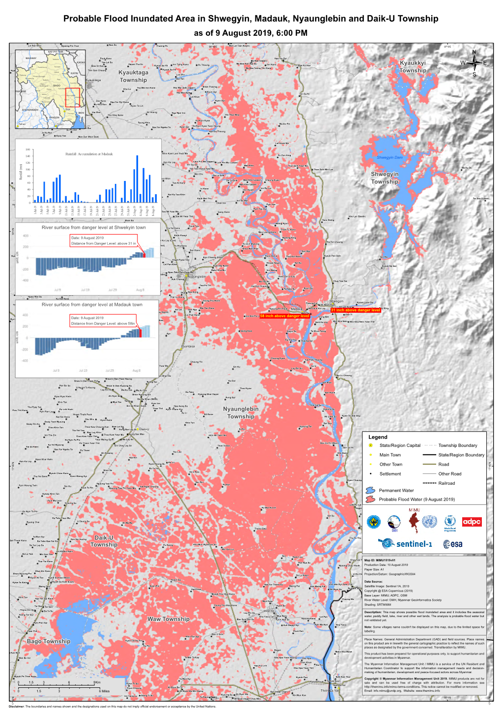 Probable Flood Inundated Area in Shwegyin, Madauk, Nyaunglebin and Daik-U Township As of 9 August 2019, 6:00 PM