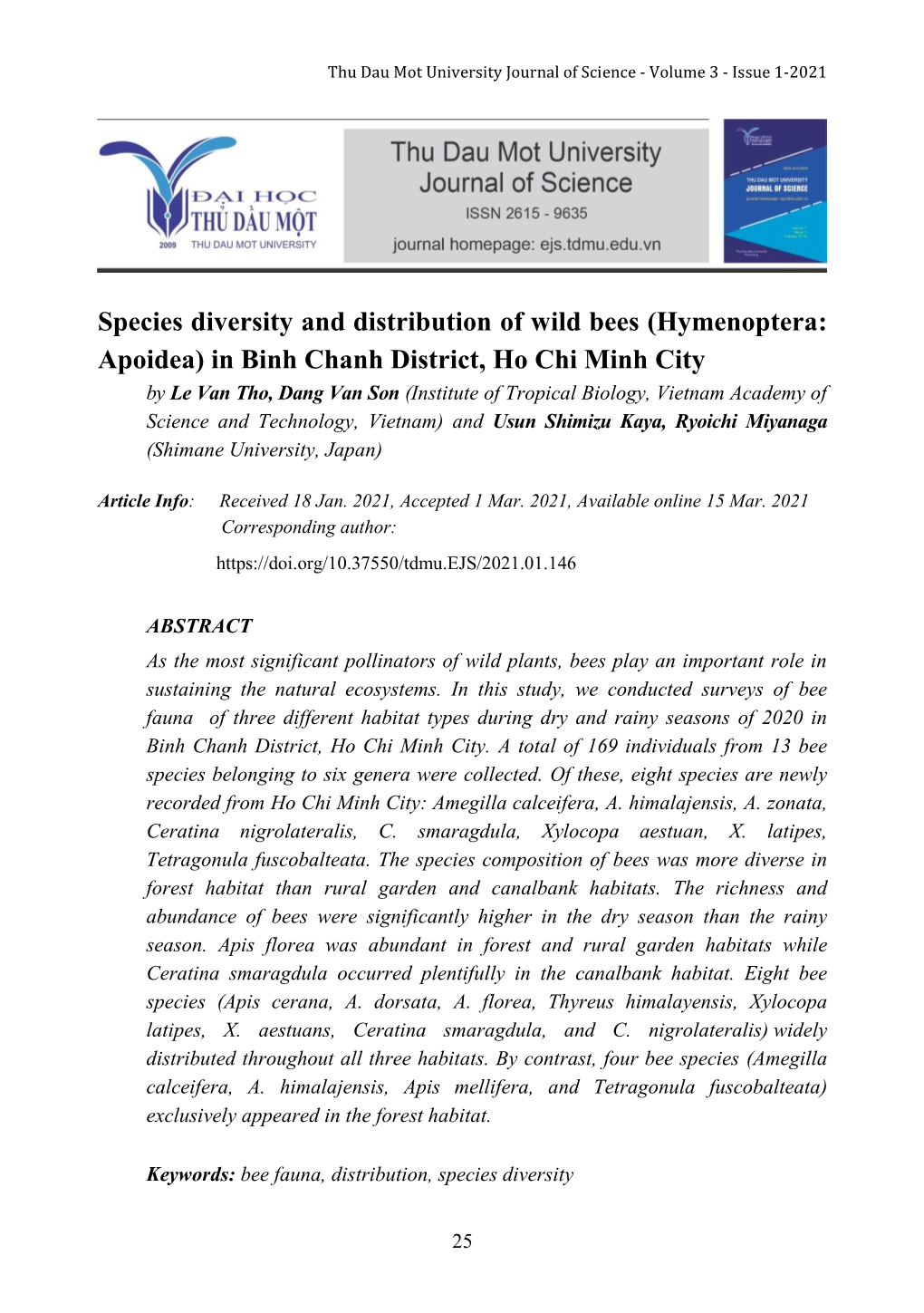 Species Diversity and Distribution of Wild Bees (Hymenoptera: Apoidea) in Binh Chanh District, Ho Chi Minh City