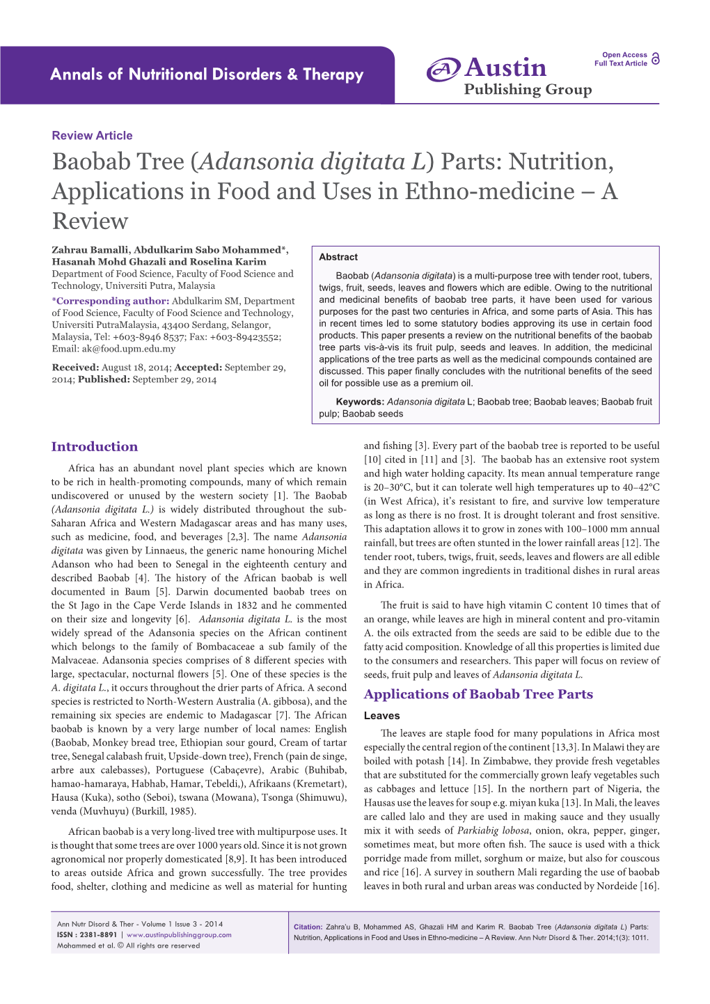 Baobab Tree (Adansonia Digitata L) Parts: Nutrition, Applications in Food and Uses in Ethno-Medicine – a Review