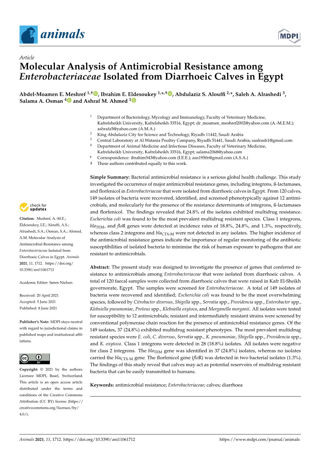 Molecular Analysis of Antimicrobial Resistance Among Enterobacteriaceae Isolated from Diarrhoeic Calves in Egypt