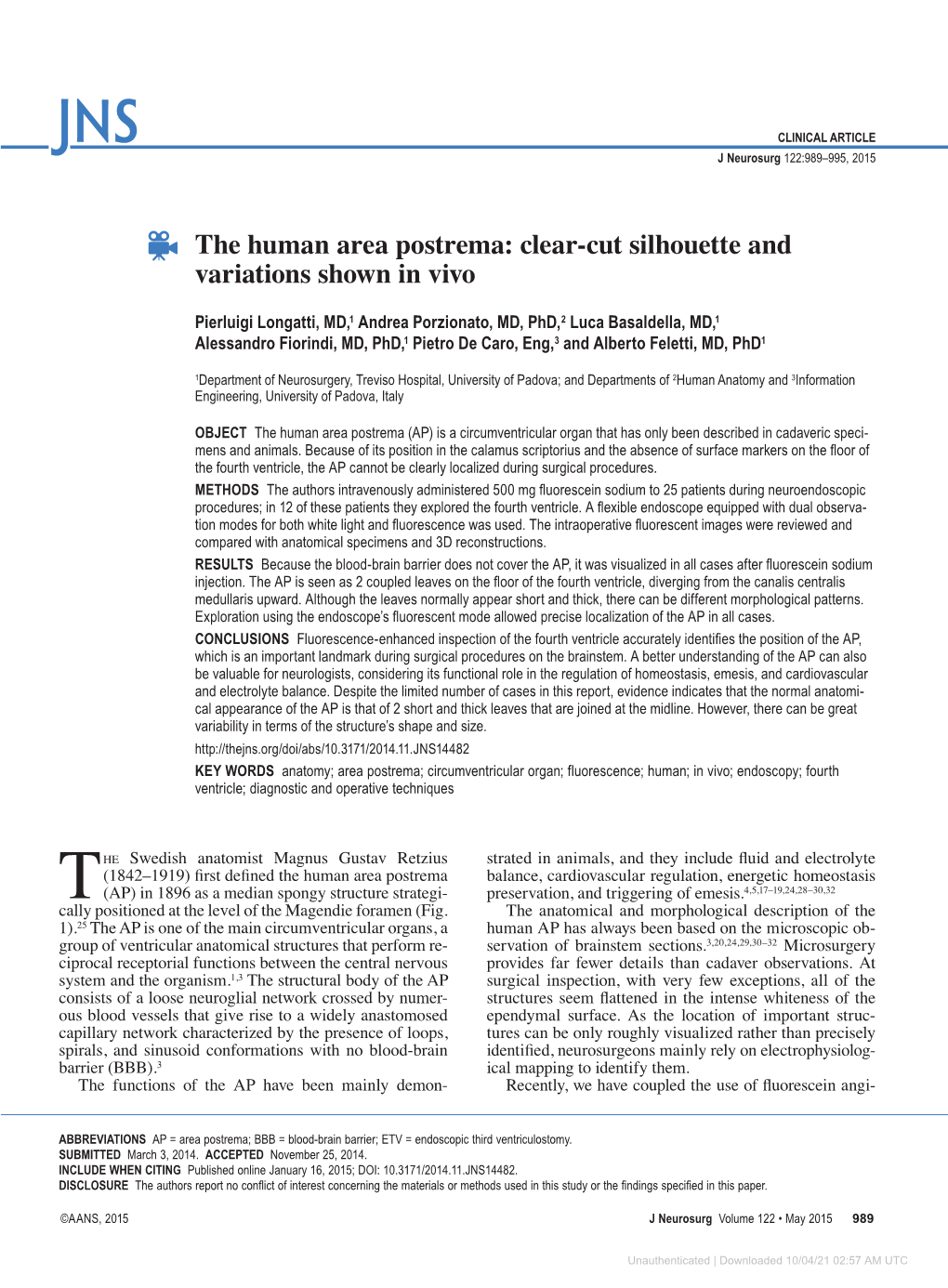 The Human Area Postrema: Clear-Cut Silhouette and Variations Shown in Vivo