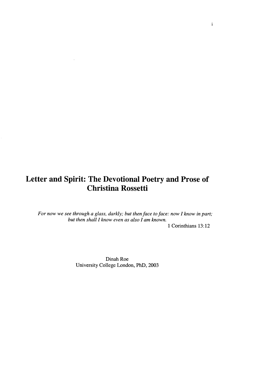 Letter and Spirit: the Devotional Poetry and Prose of Christina Rossetti