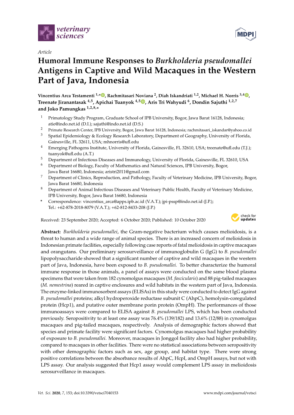 Humoral Immune Responses to Burkholderia Pseudomallei Antigens in Captive and Wild Macaques in the Western Part of Java, Indonesia
