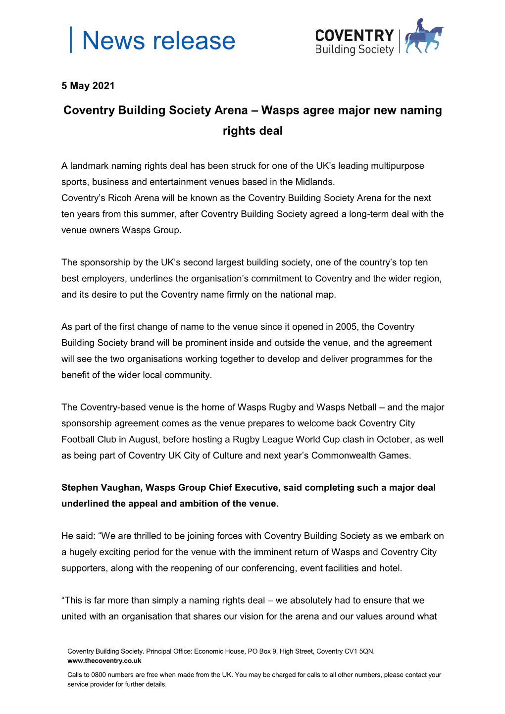 Coventry Building Society Arena – Wasps Agree Major New Naming
