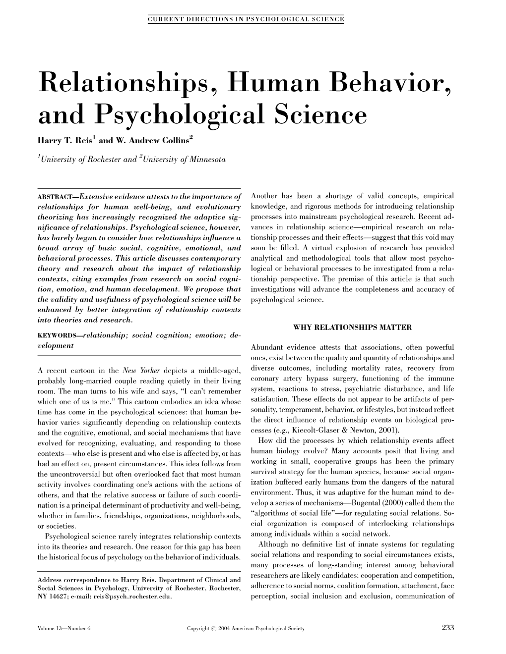 Relationships, Human Behavior, and Psychological Science Harry T