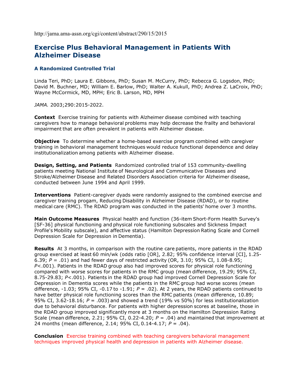 Exercise Plus Behavioral Management in Patients with Alzheimer Disease