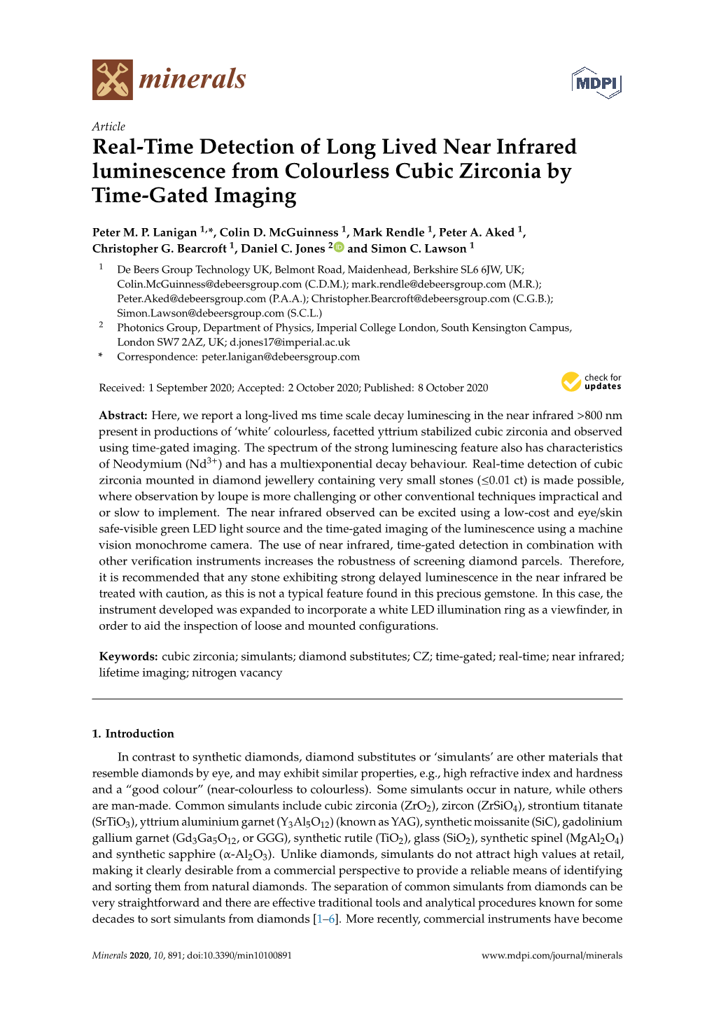 Real-Time Detection of Long Lived Near Infrared Luminescence from Colourless Cubic Zirconia by Time-Gated Imaging