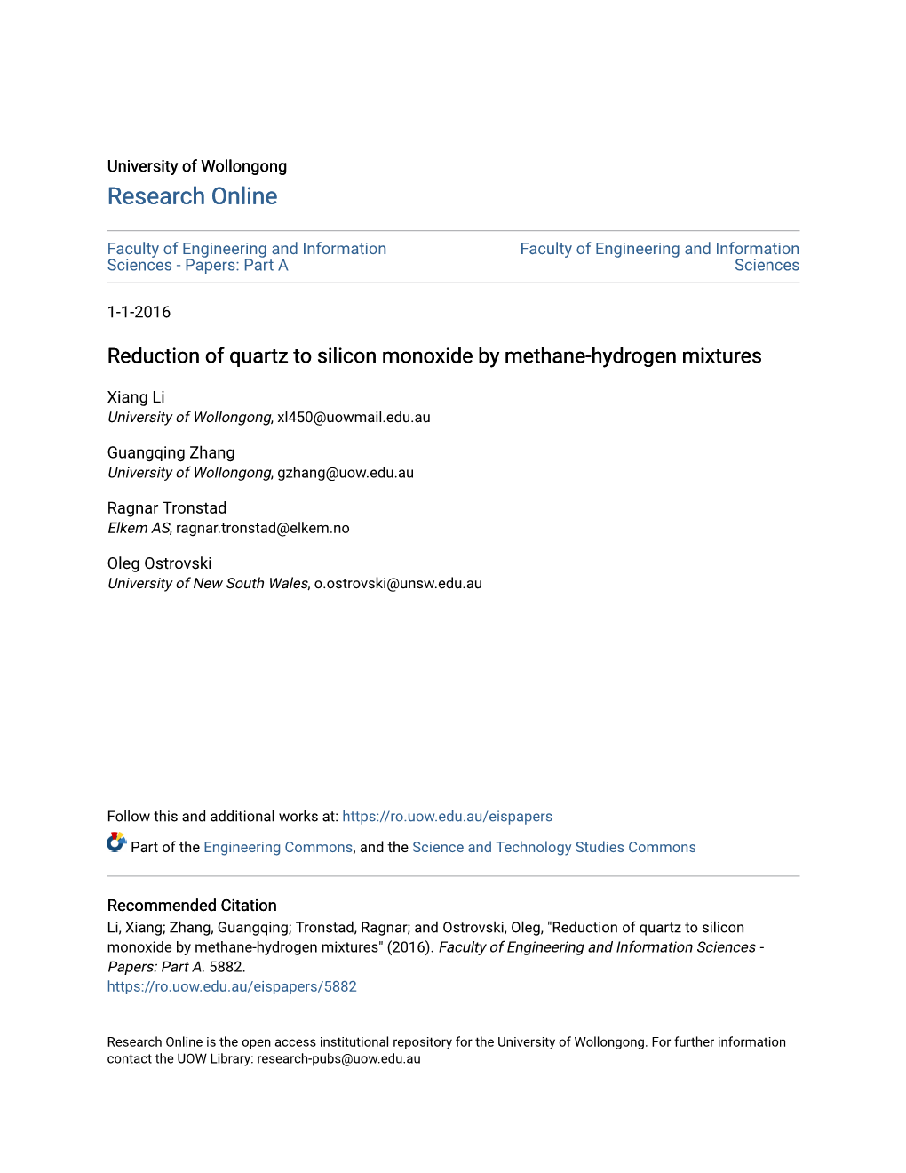 Reduction of Quartz to Silicon Monoxide by Methane-Hydrogen Mixtures