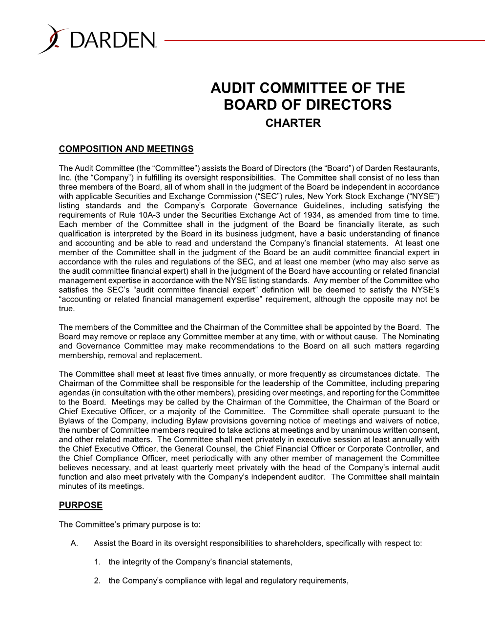 Audit Committee of the Board of Directors Charter