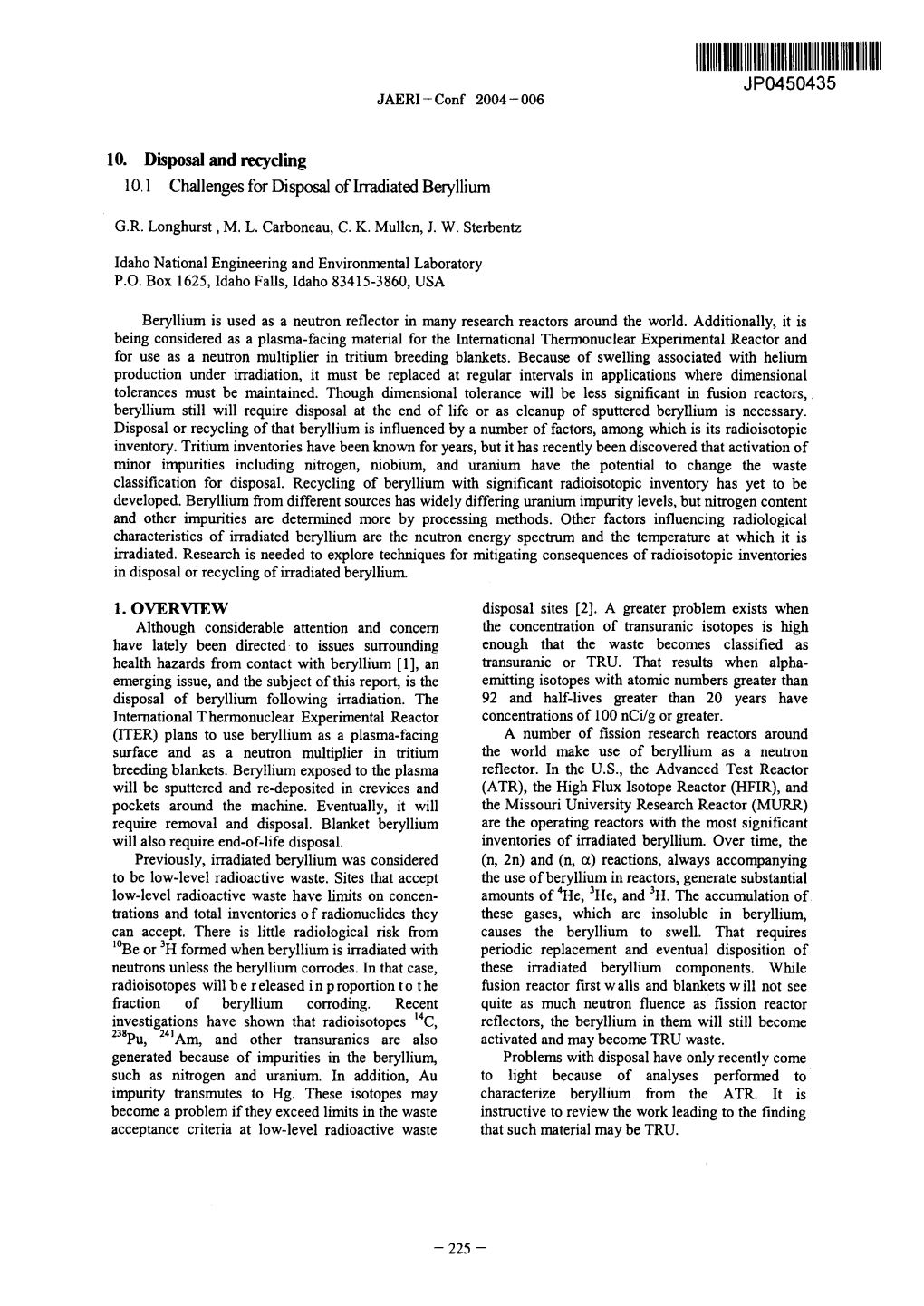 10. Disposal and Recycling 10.1 Chaflengesfordisposalofln-Adiatedberyllium