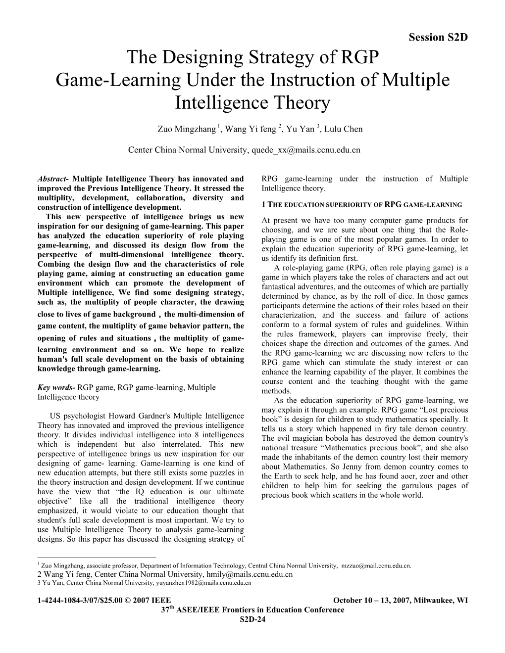 The Designing Strategy of RGP Game-Learning Under the Instruction of Multiple Intelligence Theory