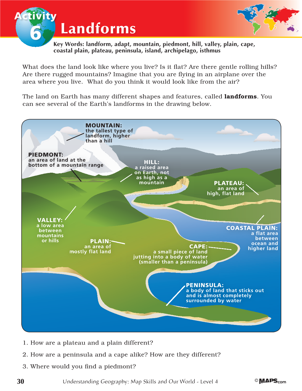 6 Landforms Key Words: Landform, Adapt, Mountain, Piedmont, Hill, Valley, Plain, Cape, Coastal Plain, Plateau, Peninsula, Island, Archipelago, Isthmus