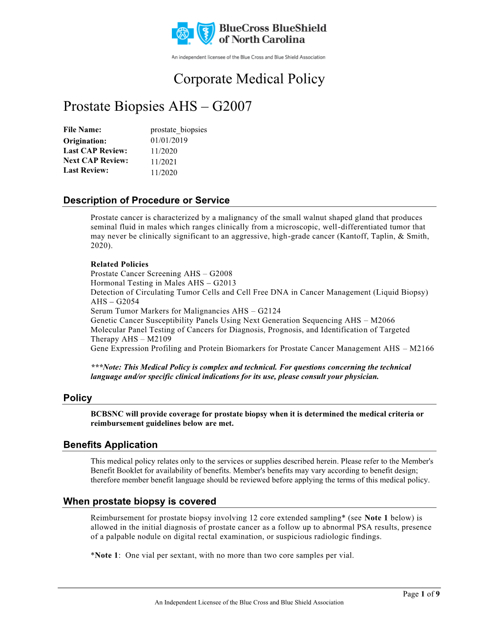 Prostate Biopsies AHS – G2007