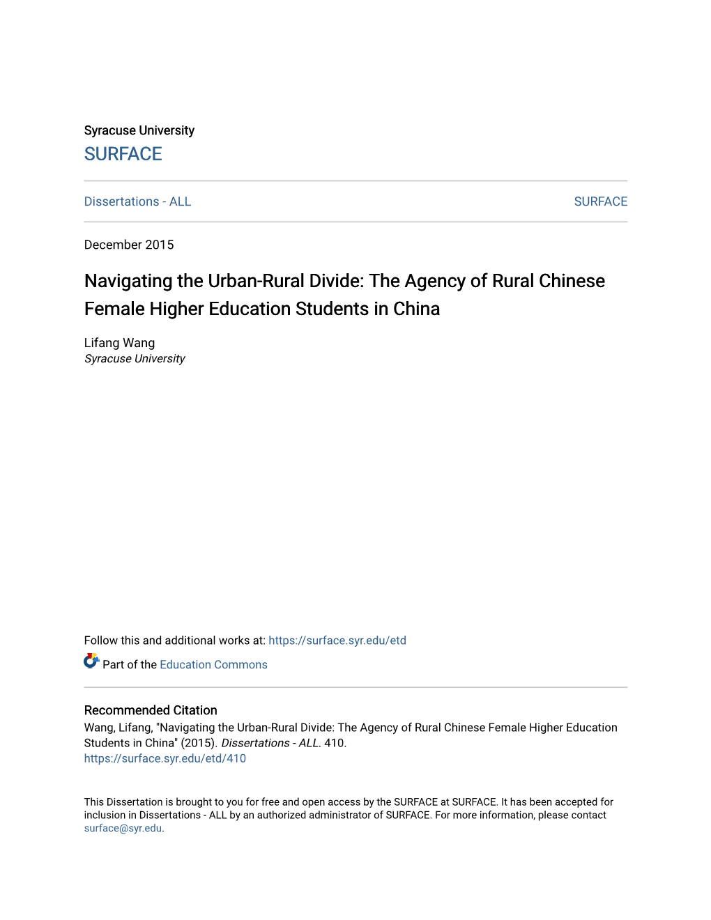 Navigating the Urban-Rural Divide: the Agency of Rural Chinese Female Higher Education Students in China