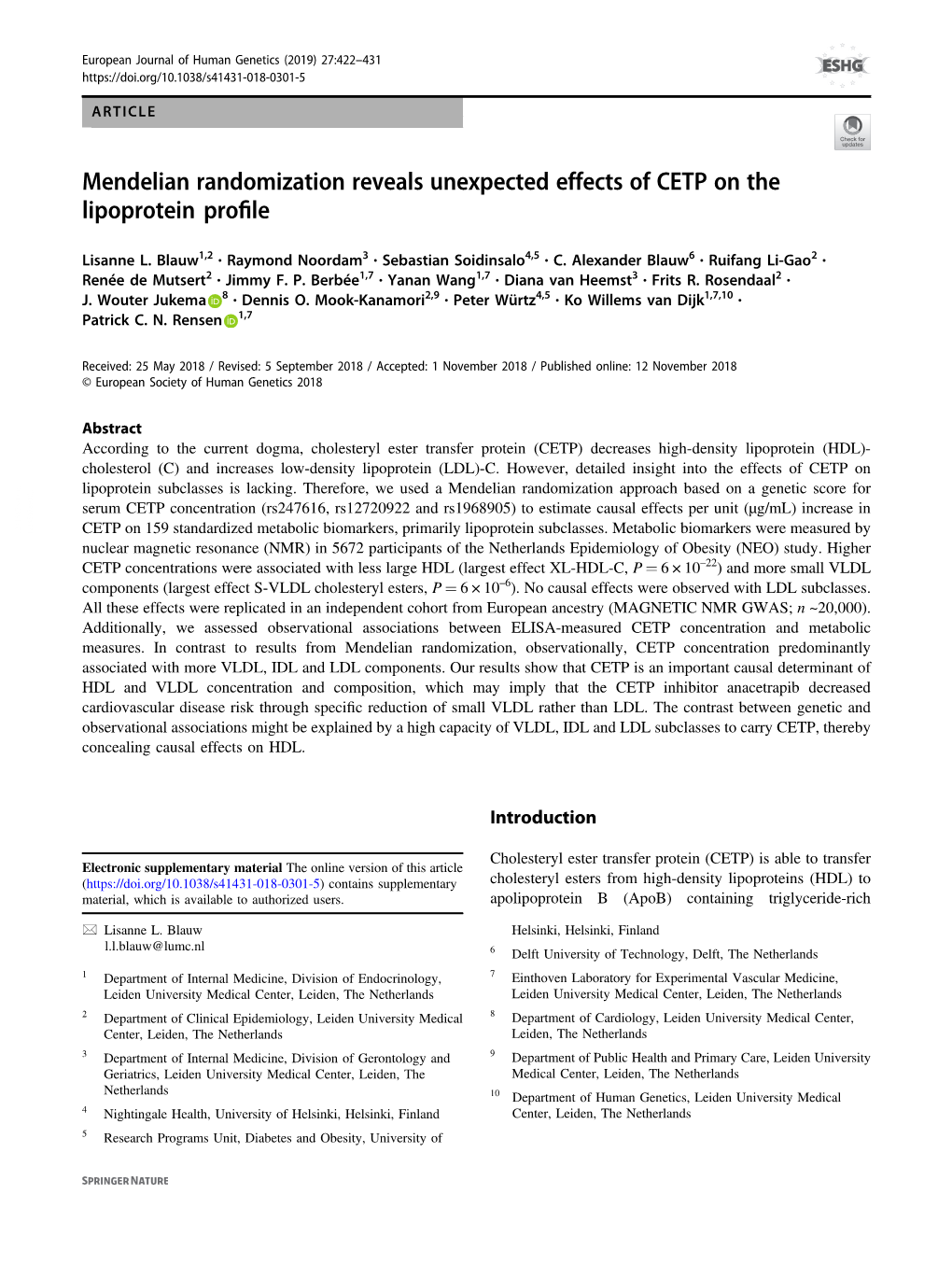 Mendelian Randomization Reveals Unexpected Effects of CETP on the Lipoprotein Proﬁle