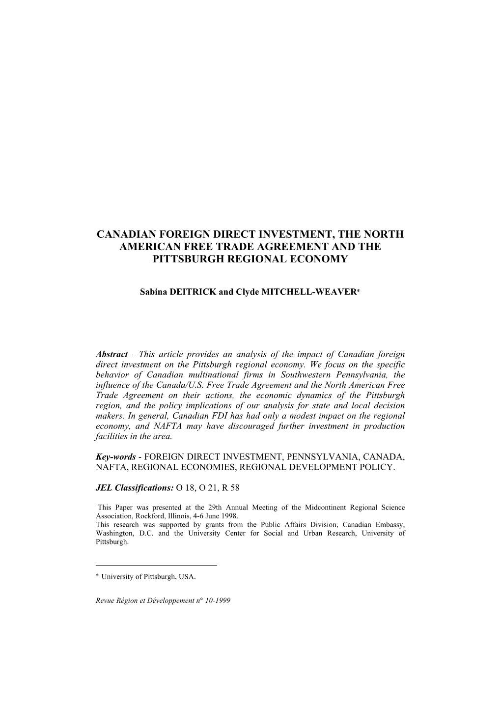 Canadian Foreign Direct Investment, the North American Free Trade Agreement and the Pittsburgh Regional Economy