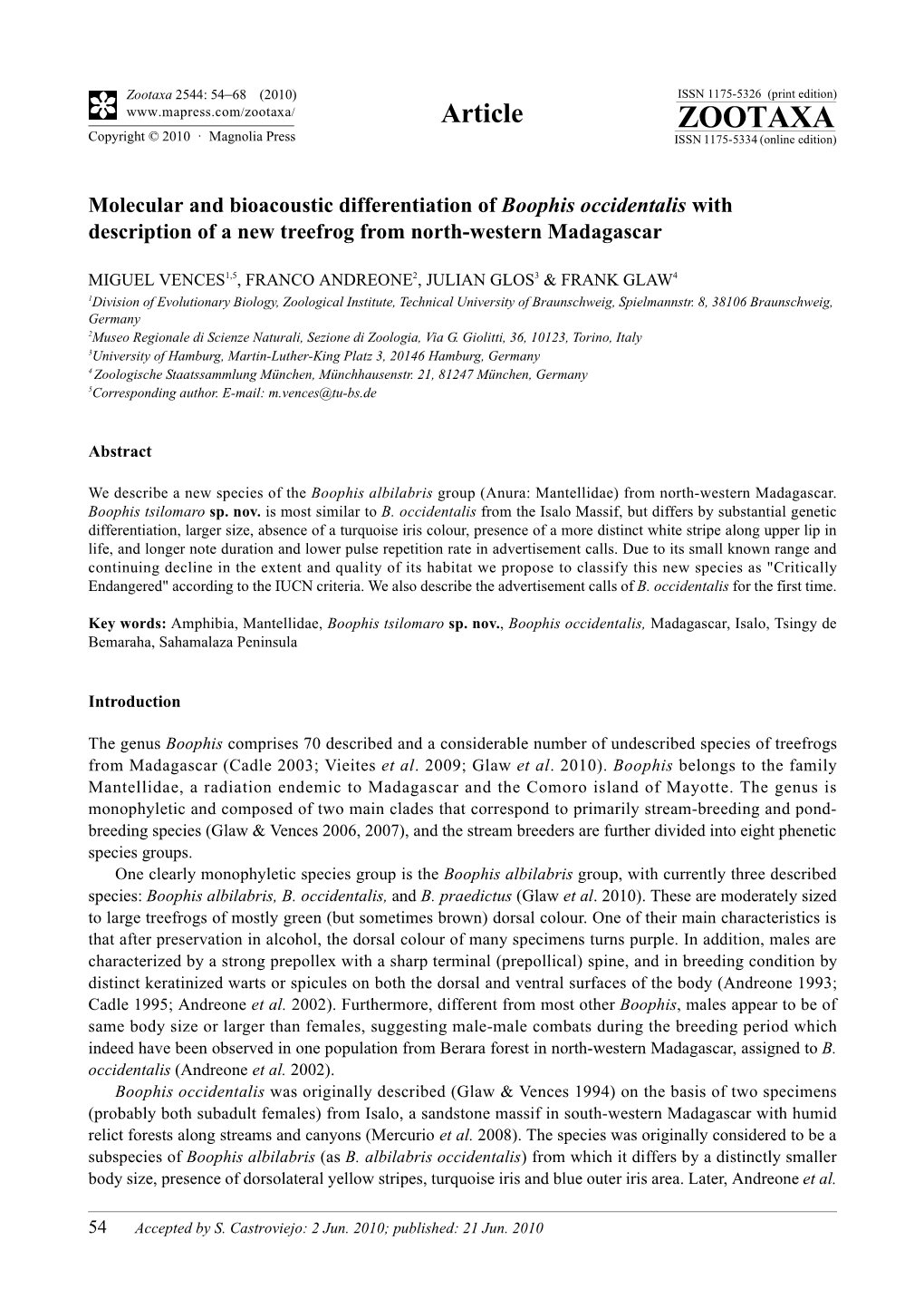 Zootaxa 2544: 54–68 (2010) ISSN 1175-5326 (Print Edition) Article ZOOTAXA Copyright © 2010 · Magnolia Press ISSN 1175-5334 (Online Edition)