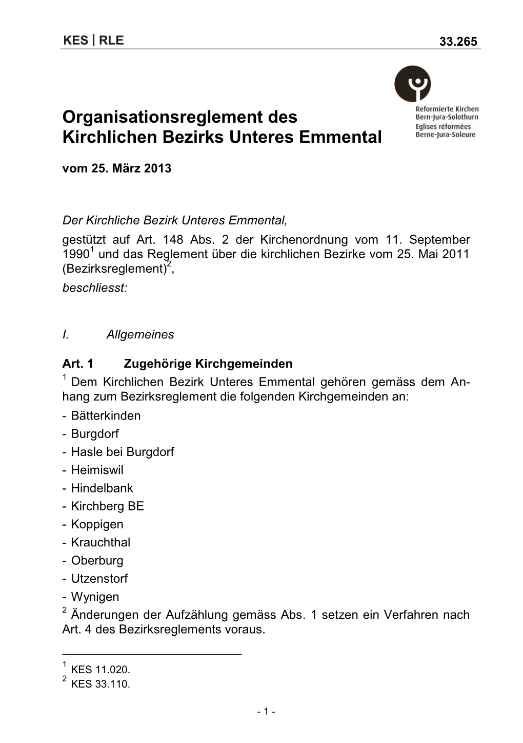 Organisationsreglement Des Kirchlichen Bezirks Unteres Emmental Vom 25