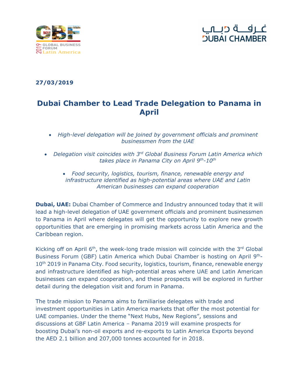 Dubai Chamber to Lead Trade Delegation to Panama in April