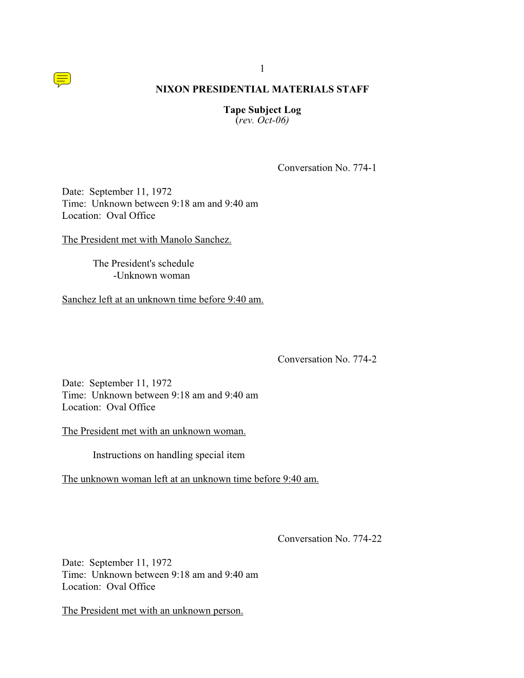 Oval #774: September 11, 1972 [Complete Tape Subject Log]