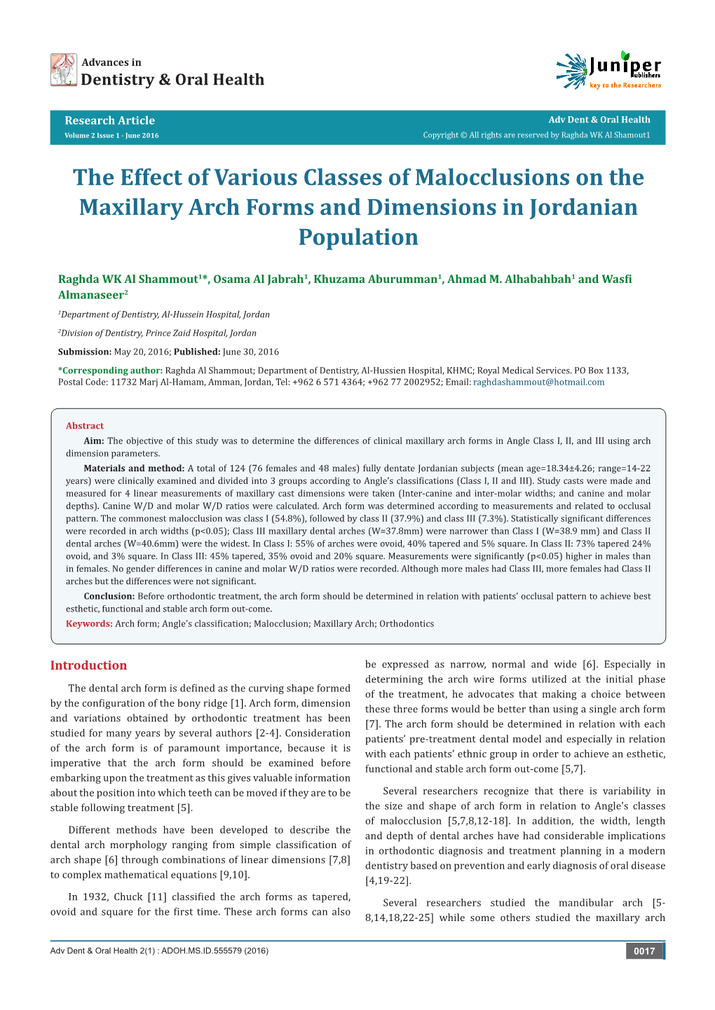 The Effect of Various Classes of Malocclusions on the Maxillary Arch Forms and Dimensions in Jordanian Population