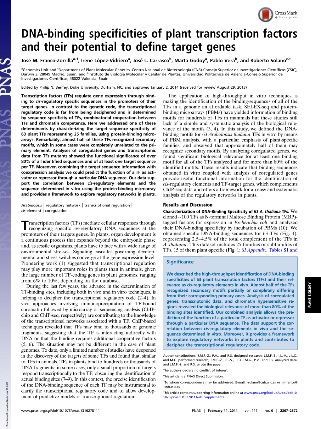 DNA-Binding Specificities of Plant Transcription Factors and Their Potential to Define Target Genes