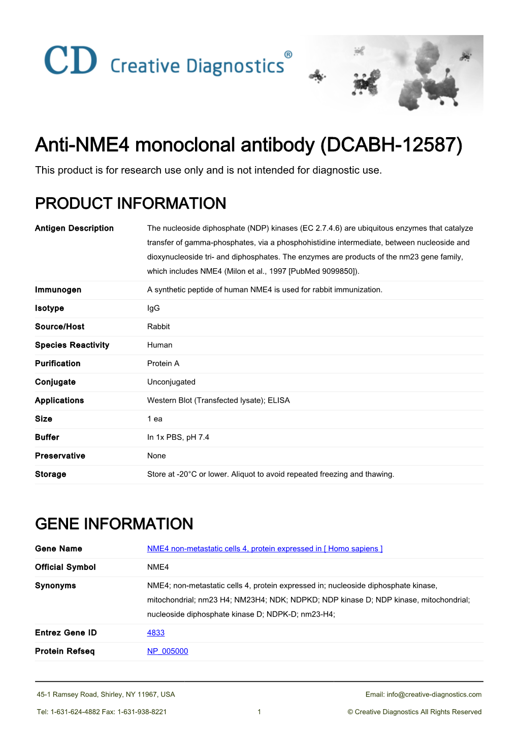 Anti-NME4 Monoclonal Antibody (DCABH-12587) This Product Is for Research Use Only and Is Not Intended for Diagnostic Use