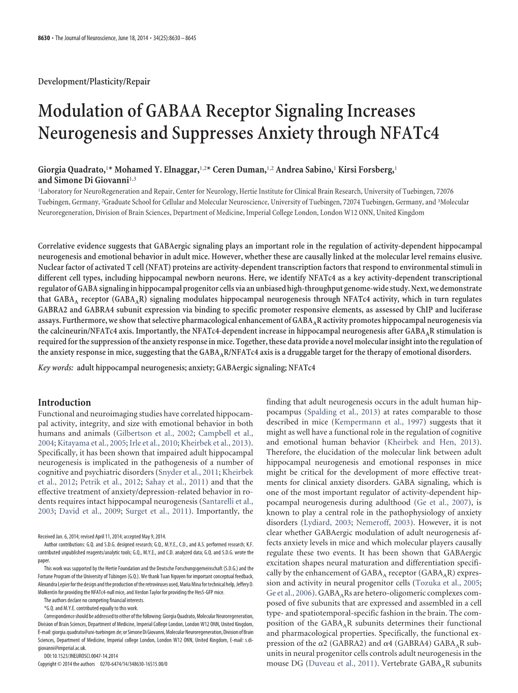 Modulation of GABAA Receptor Signaling Increases Neurogenesis and Suppresses Anxiety Through Nfatc4
