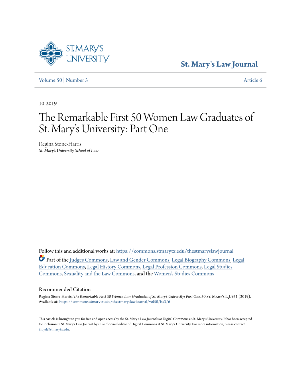 The Remarkable First 50 Women Law Graduates of St. Mary's University