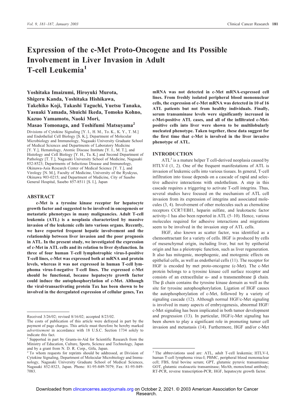 Expression of the C-Met Proto-Oncogene and Its Possible Involvement in Liver Invasion in Adult T-Cell Leukemia1