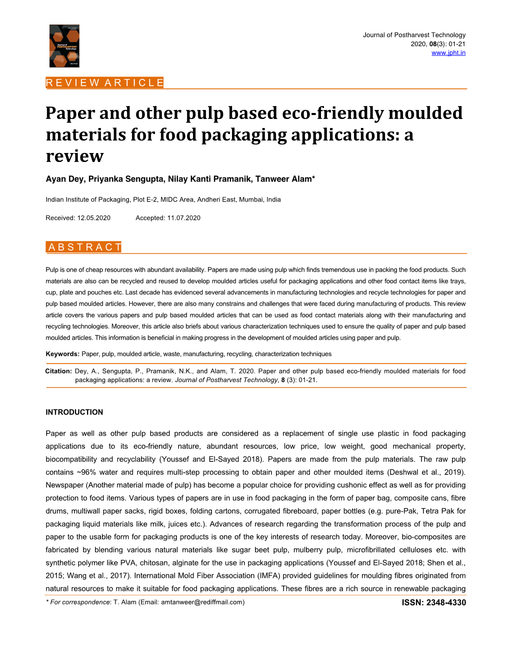 Paper and Other Pulp Based Eco-Friendly Moulded Materials for Food Packaging Applications: a Review