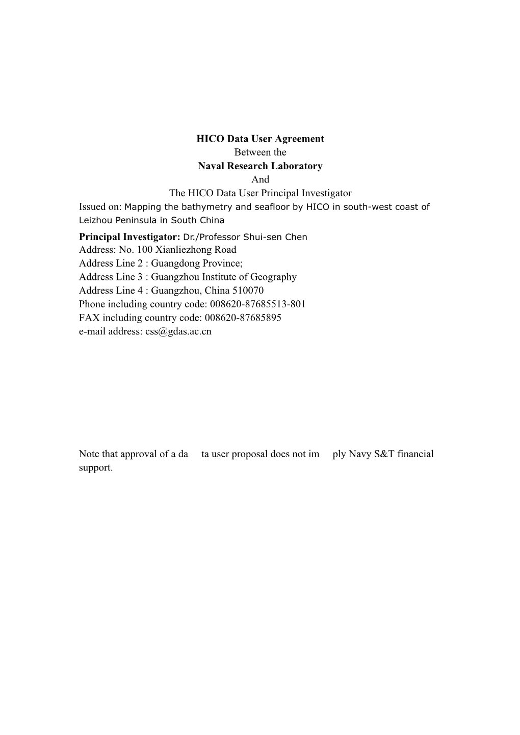 HICO Data User Agreement Between the Naval