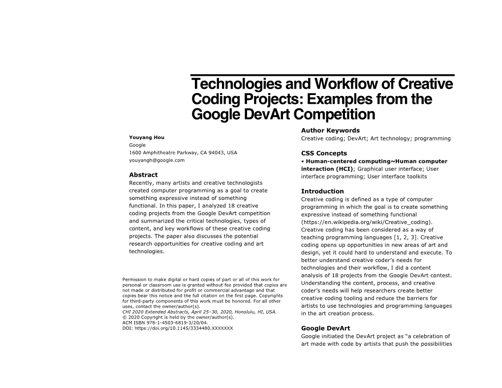 Technologies and Workflow of Creative Coding Projects: Examples from the Google Devart Competition