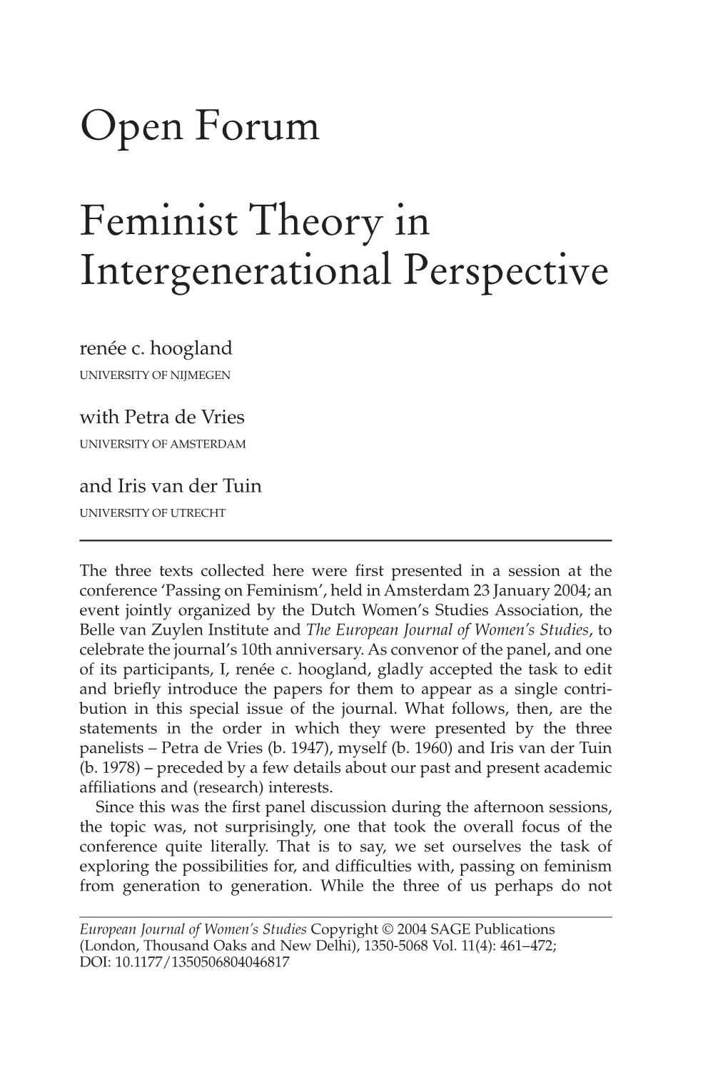 Open Forum Feminist Theory in Intergenerational Perspective