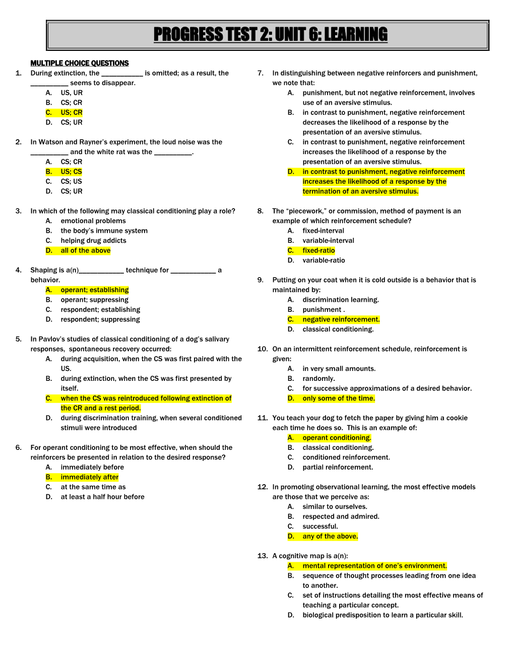 Progress Test 2: Unit 6: Learning