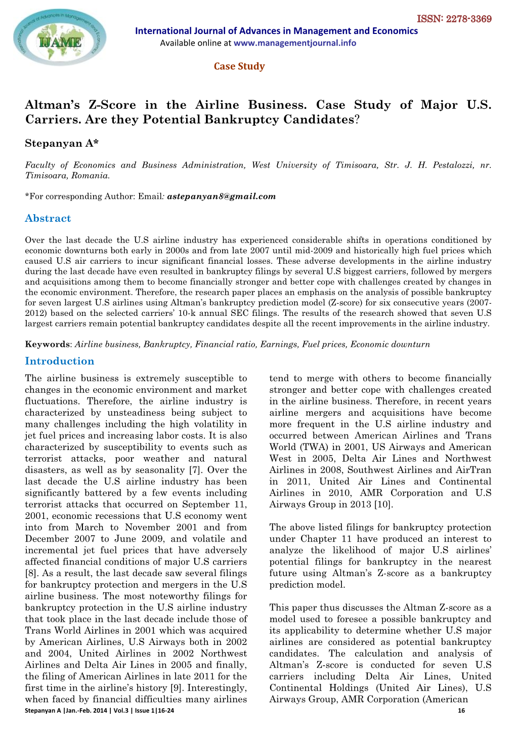 Altman's Z-Score in the Airline Business. Case Study of Major U.S. Carriers. Are They Potential Bankruptcy Candidates?
