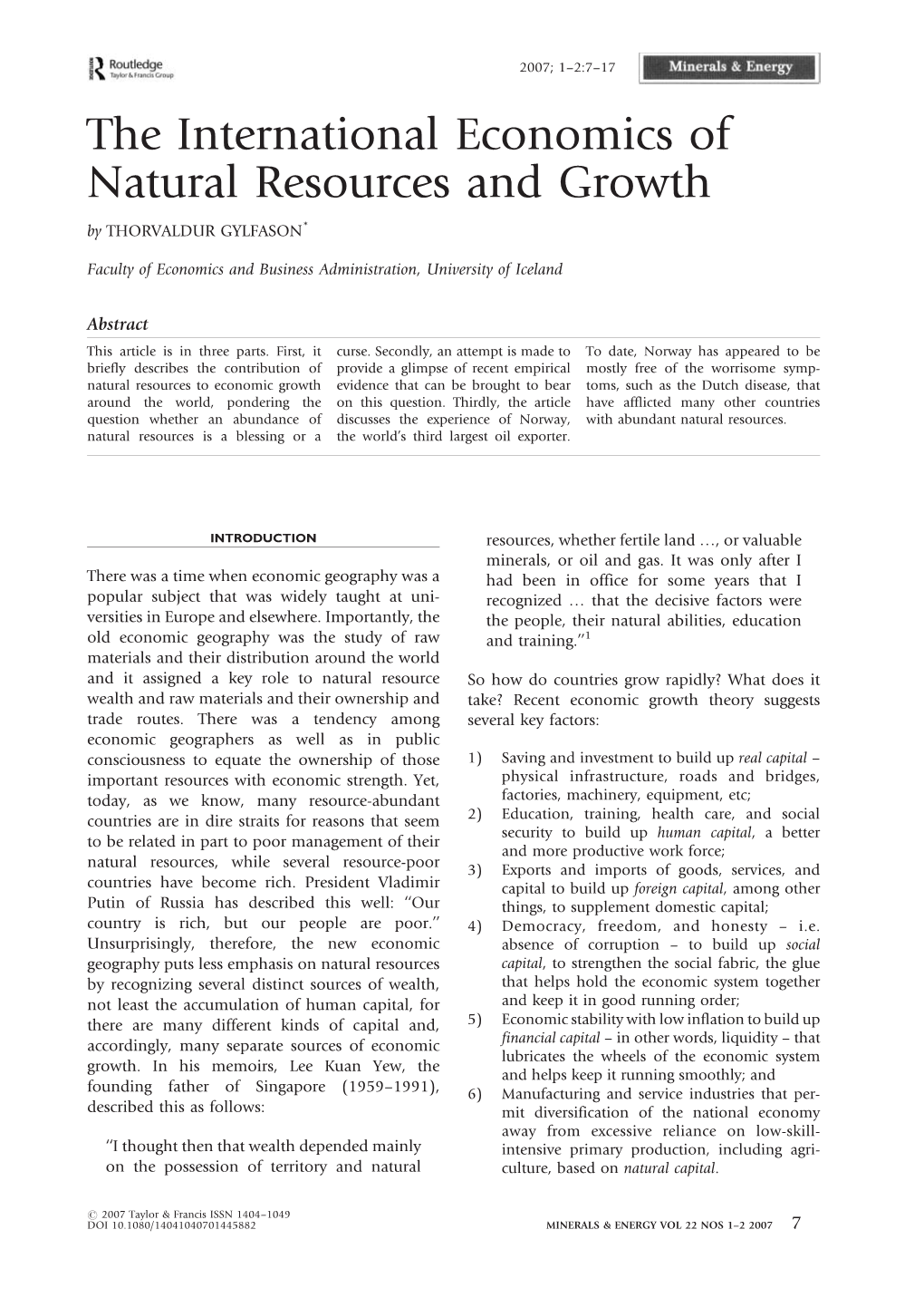 The International Economics of Natural Resources and Growth by THORVALDUR GYLFASON*