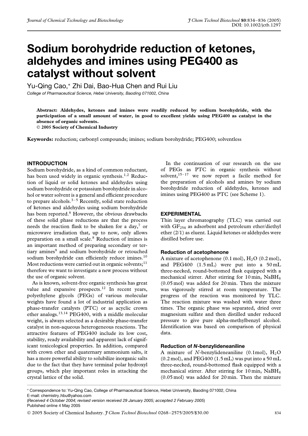 Sodium Borohydride Reduction of Ketones, Aldehydes and Imines